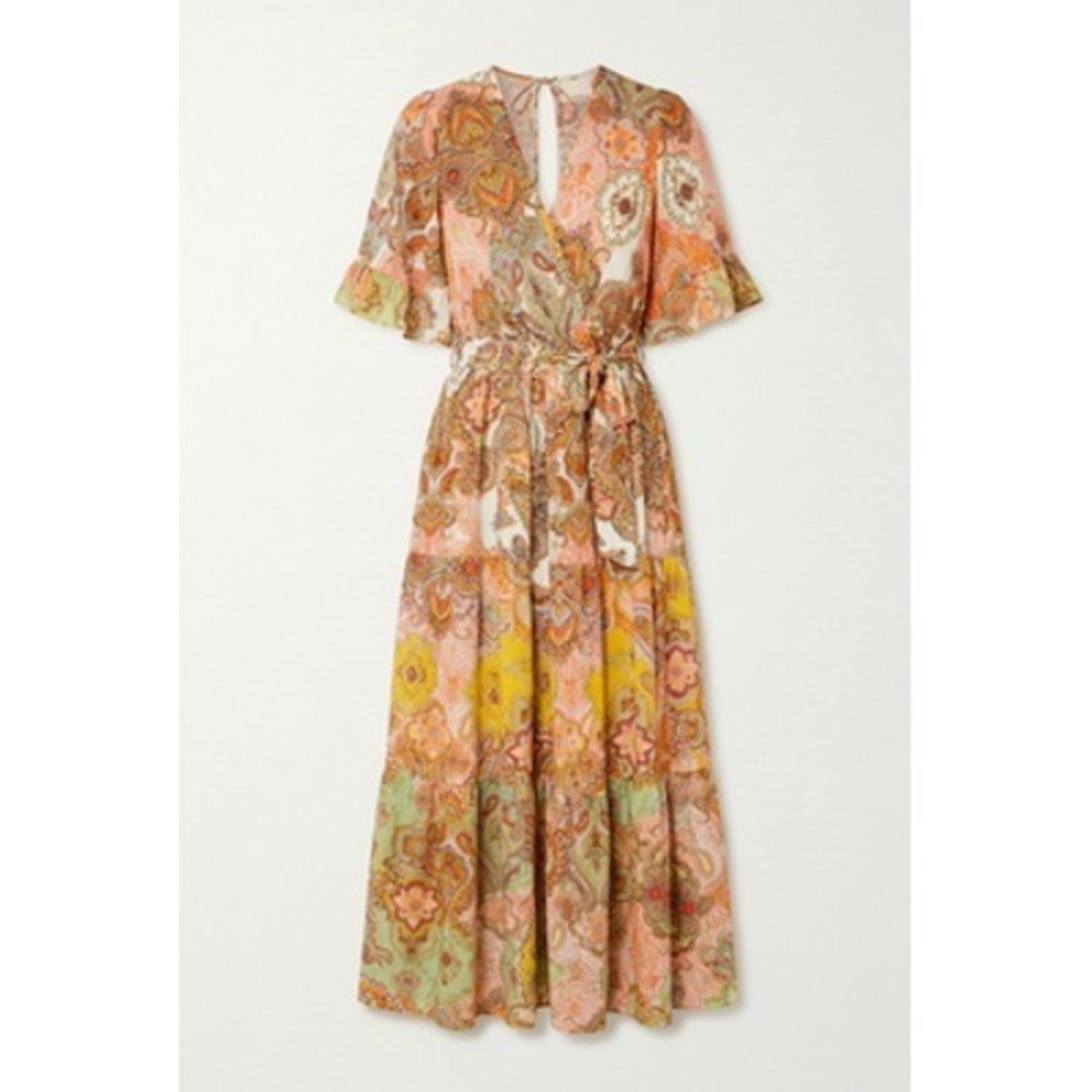 Figueroa & Flower Dress Women M Multicolor Paisley Wrap Maxi Boho Ruffle Belted